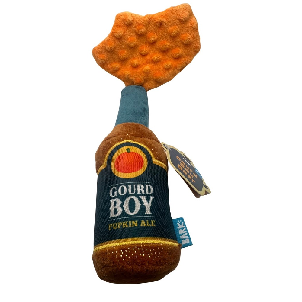 Bark Box Gourd Boy Beer Thanksgiving Plush Orange Blue Sz M-L Dog Toy NWT